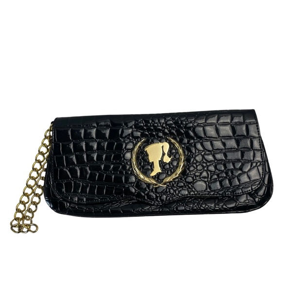 Patricia Field Handbags - PATRICIA FIELD Barbie Luxe Black Gold Clutch Faux Crocodile